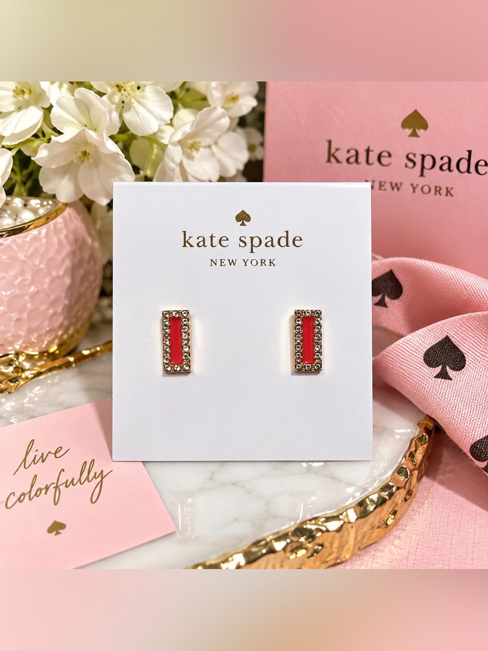 Kate Spade New York Raising the Bar Coral Red Enamel Pavé Bar Stud Earrings
